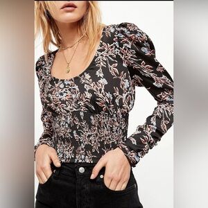 Free People Santiago Floral Print Blouse Black Smocked Small